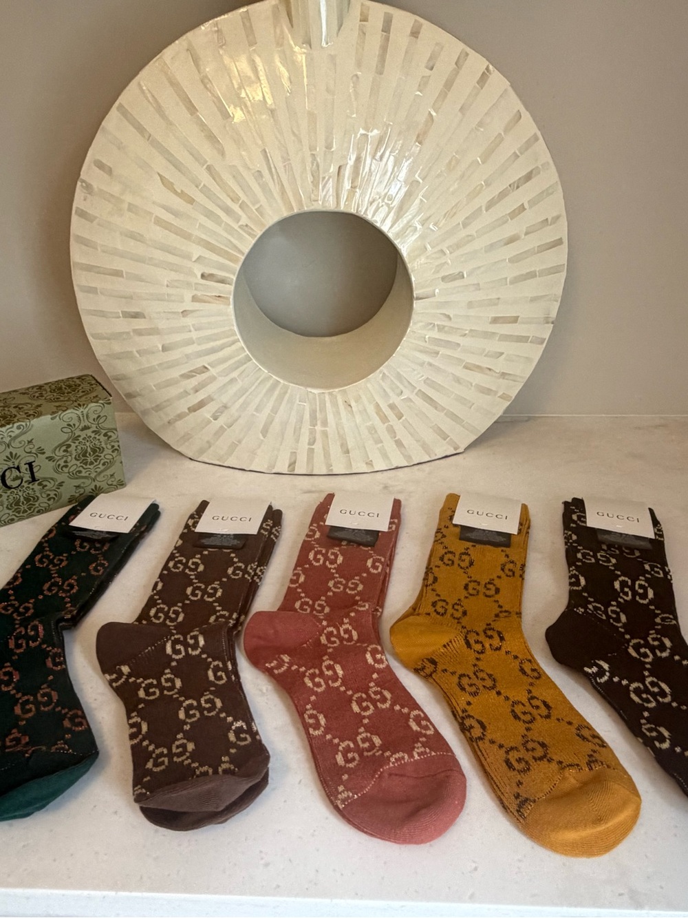 Pick One ~ Designer GG Jacquard Crew Socks - Green, Brown, Salmon Mustard,Black. - Picture 3 of 3